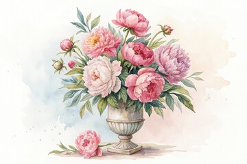 Naklejka premium Watercolor peony bouquet arranged in a vintage vase, peony, watercolor flowers, vintage vases