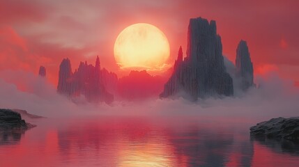 A stunning landscape featuring towering rock formations rising from a calm, misty lake under a vibrant sunset, This image is ideal for themes of adventure, travel, or nature in marketing and design,