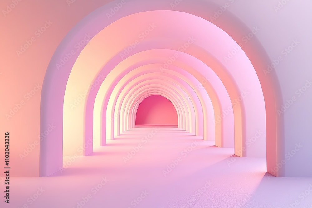 Poster pink illuminated tunnel with repeating arches creating perspecti