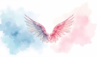 Obraz premium Watercolor with pink wings on soft blue sky