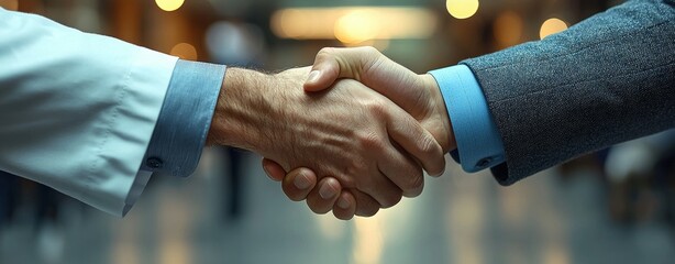 In a medical building, a pharmaceutical sales representative shakes hands with a doctor. Meanwhile, a doctor greets the hospital director and manager in a private clinic. Banner with copy space.