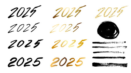 A set of numbers 2025 written in ink, decorated with a golden gradient. Decorative elements for cards, posters, flyers. Vector illustration