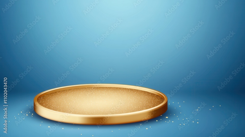 Poster a shiny golden platter is set against a blue background, showcasing a simple yet elegant design and 