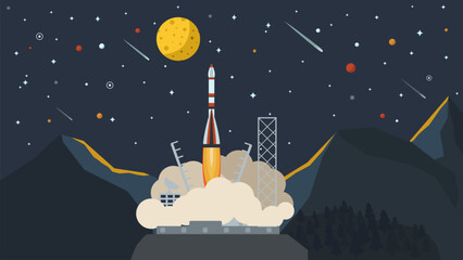 white rocket takes off from the spaceport at night