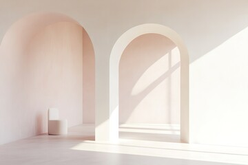 Minimalist interior with arched openings and soft light
