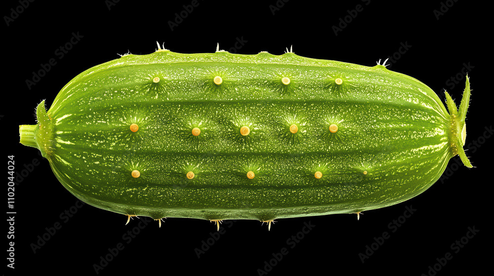 Poster Fresh Green Cucumber with Unique Texture and Pattern on Black Background