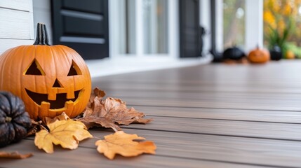 An inviting autumn porch scene featuring pumpkins adorned with fallen leaves, capturing the essence of a cozy seasonal atmosphere in a neighborhood setting.