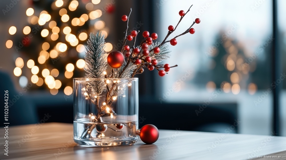 Poster a vase with pine branches and red berries is illuminated by small glowing lights, creating a warm an