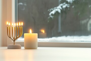 Lit menorah and candle with snowy window view for Hanukkah.