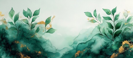 A wedding invitation card design with emerald green watercolor and gold leaves.