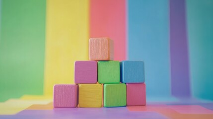 Colorful Wooden Blocks Form Pyramid Shape Against Pastel Background