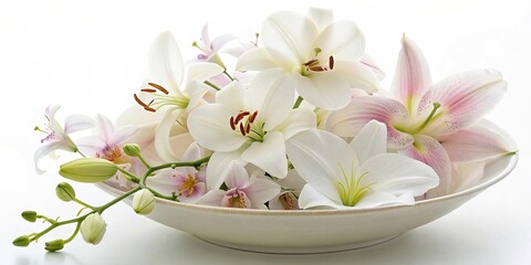 White lily and orchid flowers in a bowl, bowl, still life, decorative, flower