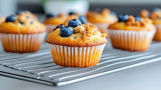A row of freshly baked blueberry muffins on a cooling rack, showcasing their delicious golden-brown tops and juicy blueberries in a bright kitchen space.