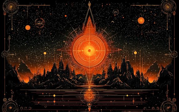 A vibrant cosmic landscape featuring a central glowing sun surrounded by planets, mountains, and intricate geometric patterns creating a mesmerizing, otherworldly scene.