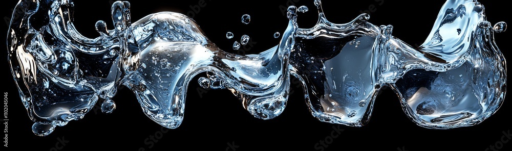 Poster on a black background, isolated splashes of sparkling chrome metal form a realistic depiction of shi