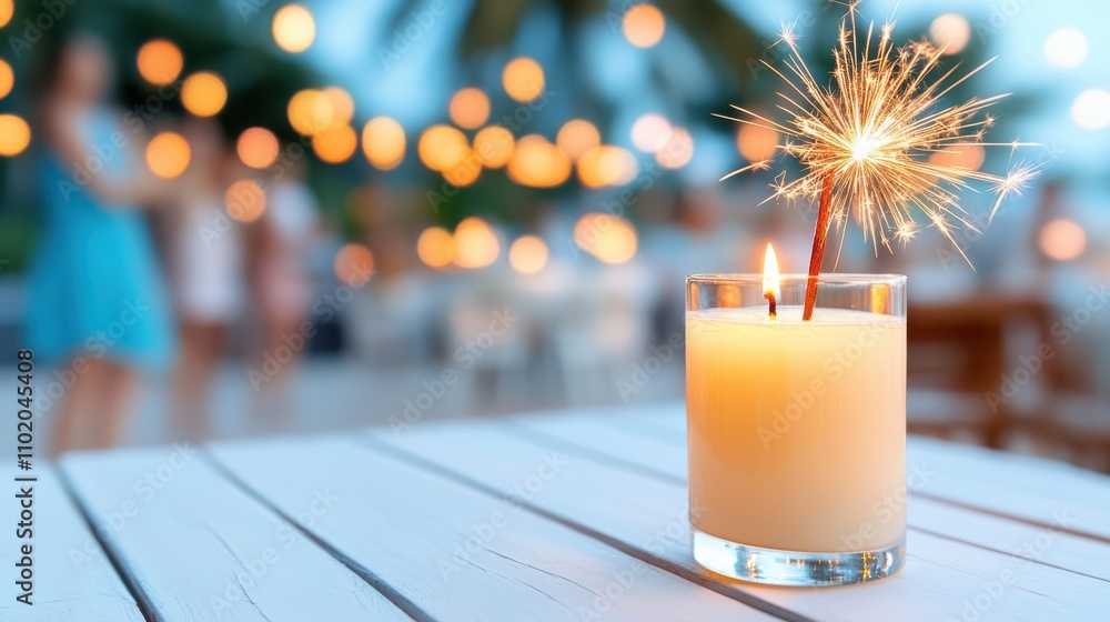 Aufkleber a sparkler in a candle-lit glass on a white table top with a soft bokeh background, creating a seren
