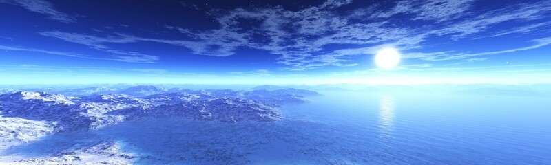 Rocky mountain landscape with ice on the sea, 3d rendering