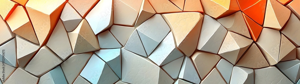 Poster an abstract texture consisting of interlocking geometric shapes in shades of beige, blue, and orange