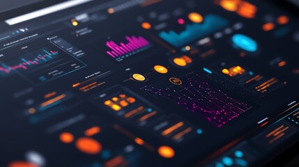 Obraz premium Futuristic dashboard with vibrant data visualizations on a digital screen.