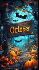 Fototapeta premium October Banner with Spooky Halloween and Fall Elements