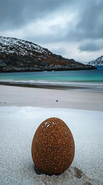 Unique stone shaped like an egg stands out against a snowy beach and dramatic mountains in a coastal landscape