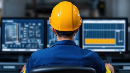 Worker in helmet monitors screens in a control room setting.