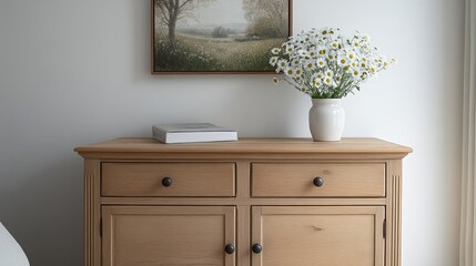 A white ceramic vase filled with fresh daisies on a natural wooden dresser, complemented by minimalist decor and warm tones..