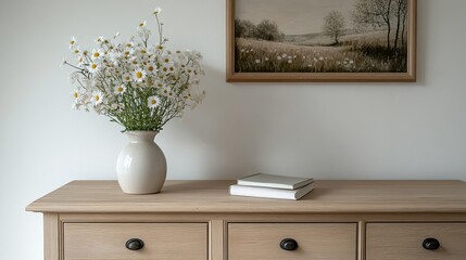 A white ceramic vase filled with fresh daisies on a natural wooden dresser, complemented by minimalist decor and warm tones..