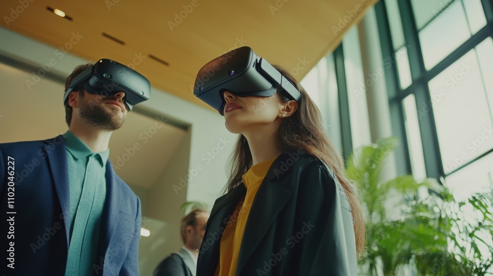 Poster tech-savvy professionals using vr and ar devices in a business setting.