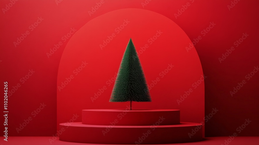 Poster minimalistic christmas tree in red background with simple design