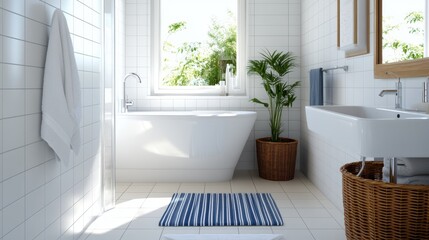 A modern bathroom with a freestanding tub surrounded by white tiles and plants, creating a serene and airy atmosphere with natural light streaming in.
