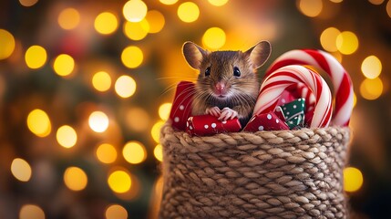 A tiny mouse peeking out from a Christmas stocking filled with candy canes and gifts