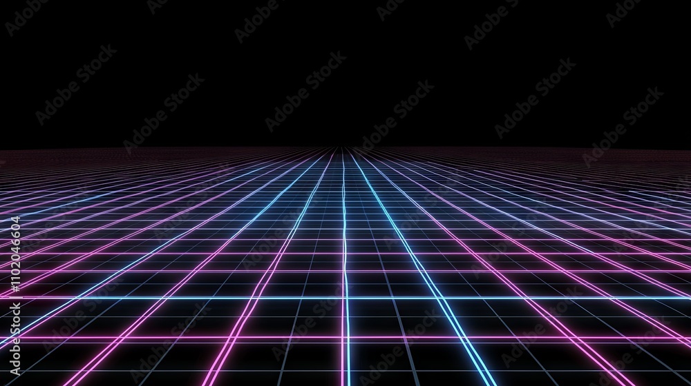 Poster a dark backdrop highlights an abstract futuristic composition of neon light trails, with a floating 