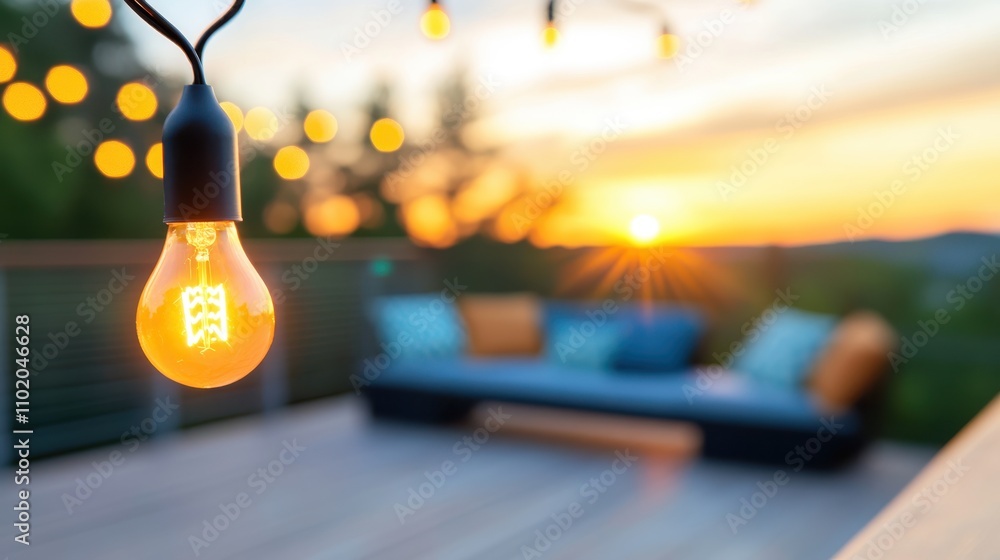 Aufkleber a tranquil sunset view from a spacious deck featuring cozy seating arrangements and ambient string l