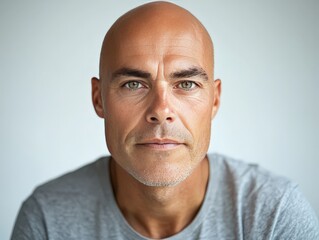 Fototapeta premium Serene Bald Man Gazing Directly at the Camera, Portrait with Calm Expression and Neutral Background, Ideal for Wellness and Mindfulness Themes