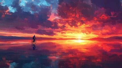 Fototapeta premium Tranquil image of a lone cyclist silhouetted against a vibrant sunset, riding on calm waters like a surreal dreamscape.