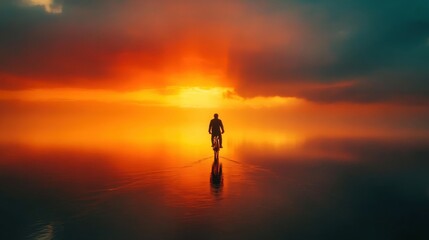 Tranquil image of a lone cyclist silhouetted against a vibrant sunset, riding on calm waters like a surreal dreamscape.