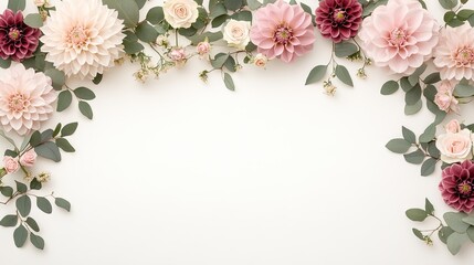 A beautiful arrangement of pink and burgundy flowers, along with green leaves, creates an elegant border on a light background, suitable for decoration or invitation designs