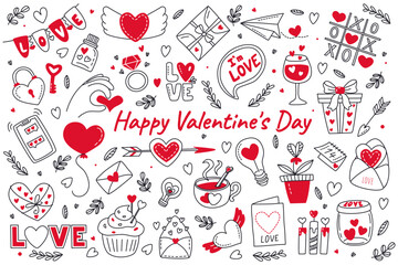 Valentines day doodles set. Hand drawn elements for Valentine's day, birthday, wedding. Outline icons on theme of love, romance, February 14. For banner, card, cover, poster, wallpaper, packaging