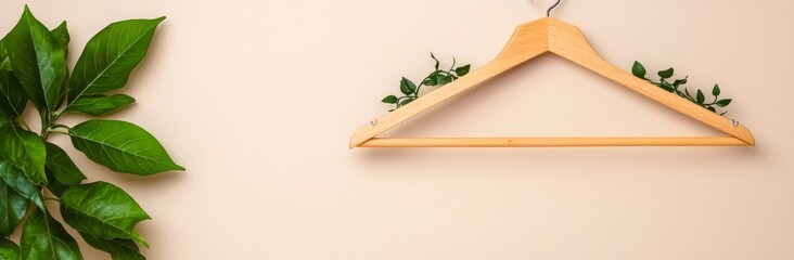 A banner featuring hangers intertwined with plants against a beige background with space for text. Emphasizing conscious and eco-friendly consumption, it highlights new modern trends in shopping,