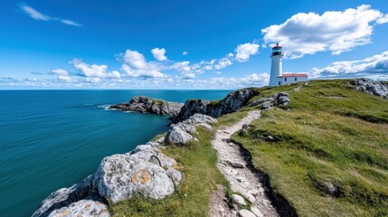 A winding path leads to a solitary lighthouse on a rocky cliff, overlooking the ocean under a vibrant sky, symbolizing guidance and solitude with a sense of adventure.