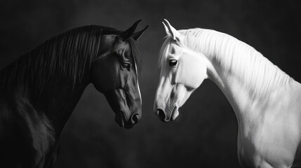 Obraz premium Two horses, one black and one white, share a serene moment of connection, emphasizing balance and harmony.