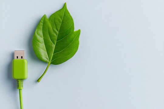 Disconnect from technology to reconnect with nature and yourself, symbolized by a green leaf plant attached to an unplugged USB cord, representing the mental health benefits of unplugging. - Powered by Adobe