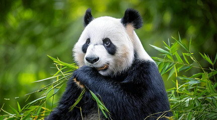 Obraz premium A giant panda eating bamboo, framed by lush greenery, with a soft blurred background