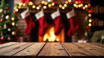 Cozy christmas hearth with blurred stockings and festive decorations