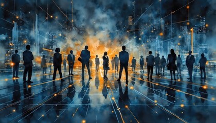 Obraz premium Diverse group of people silhouetted against futuristic cityscape background