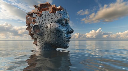 A realistic 3D rendering of a human face sculpted from puzzle pieces, emerging from a calm ocean under a partly cloudy sky. The conceptual image explores identity, connection, and the fragmented human