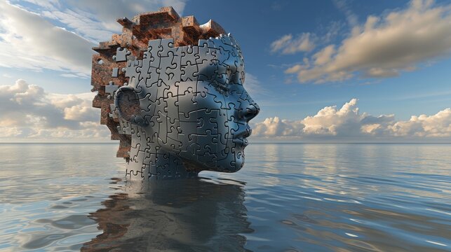 A realistic 3D rendering of a human face sculpted from puzzle pieces, emerging from a calm ocean under a partly cloudy sky. The conceptual image explores identity, connection, and the fragmented human