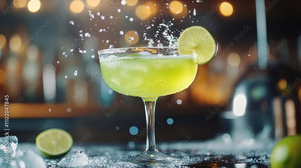 Poster vibrant lime cocktail with sparkling ice splash, creating a lively and refreshing scene ideal for su