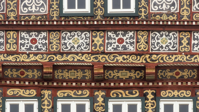 Stadthagen - Schmuckfachwerk am Markt, Fassadendetail, Niedersachsen, Deutschland, Europa
